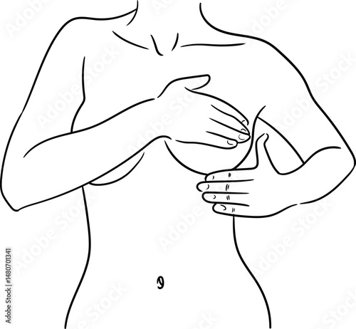  Breast check for neoplasms.
a woman performs a breast self-examination.   women's health, medical education and awareness.