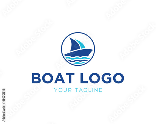 Minimalist boat logo vector template with waves circle emblem perfect for maritime business or yachting club modern branding design