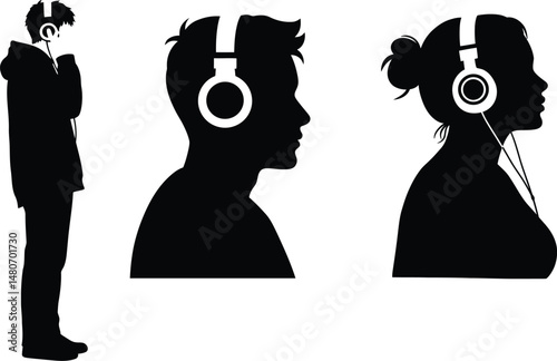 Silhouettes of young people enjoying music with headphones listening intently peaceful moments black