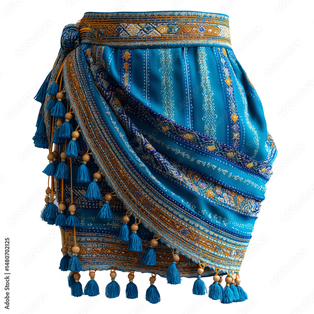 Traditional Thai sinh skirt with blue embroidery isolated on white