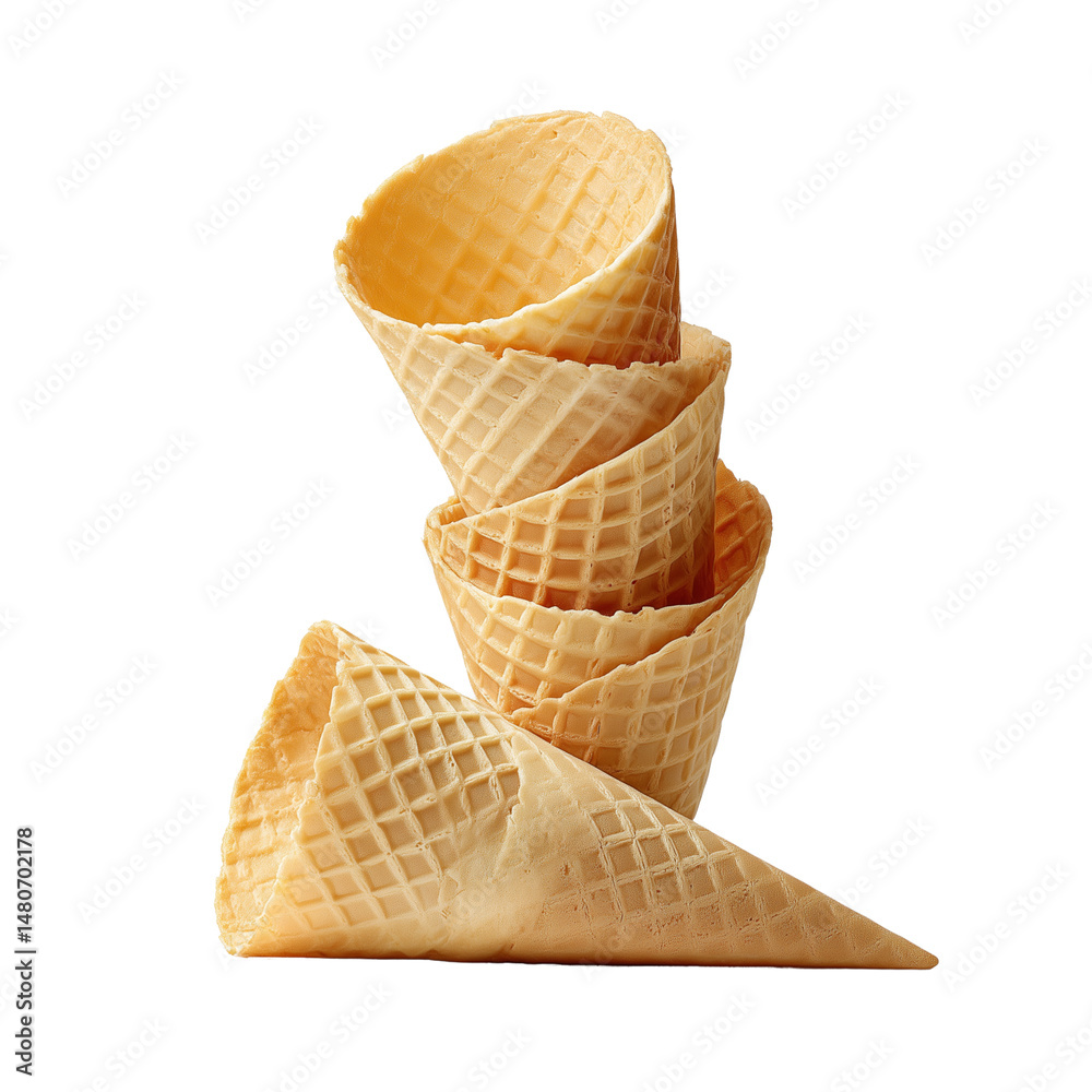 Stack of waffle ice cream cones isolated on white