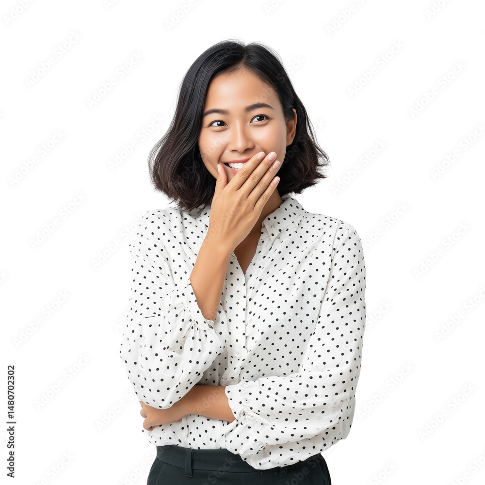 Smiling Asian woman covering mouth with hand isolated on white