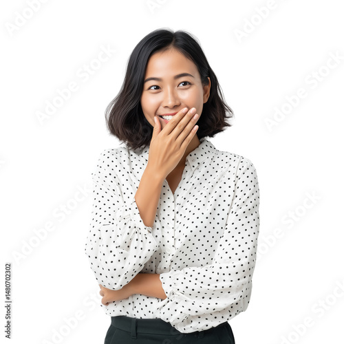 Obraz na płótnie Smiling Asian woman covering mouth with hand isolated on white w salonie