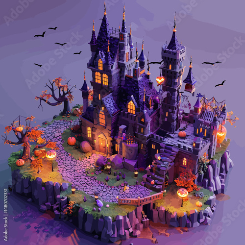 Isometric simple halloween castle simple background