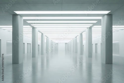 Minimalist Architecture White Hall with Pillars and Illuminated Ceiling Structure