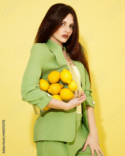 Fashion portrait of beautiful model in green suit with lemons against yellow background.