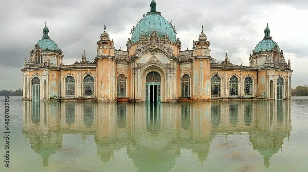 Fototapeta premium A grand, decaying palace partially submerged in calm water, reflecting its weathered grandeur