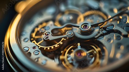 An extreme close-up of a mechanical watch movement, highlighting the intricate gears and metallic surfaces