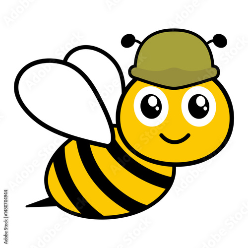 Cute bee with military helmet. Working flying honeybee character. Vector illustration isolated on white.