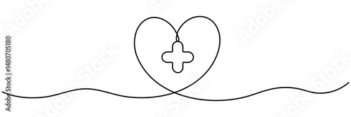 Plus sign inside heart shape continuous line drawing. Medicine health care concept. Vector illustration isolated on white.