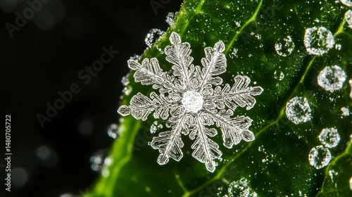 Extreme close-up of a snowflake resting on a leaf, highlighting the intricate and unique crystal structure