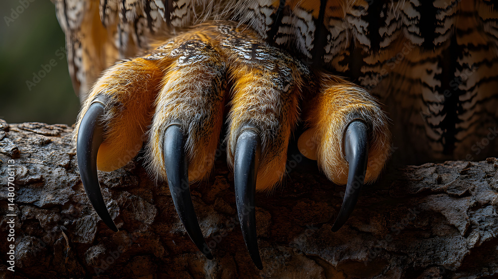 Naklejka premium Macro Shot of an Owl’s Talons Gripping a Tree Branch in Sharp Detail