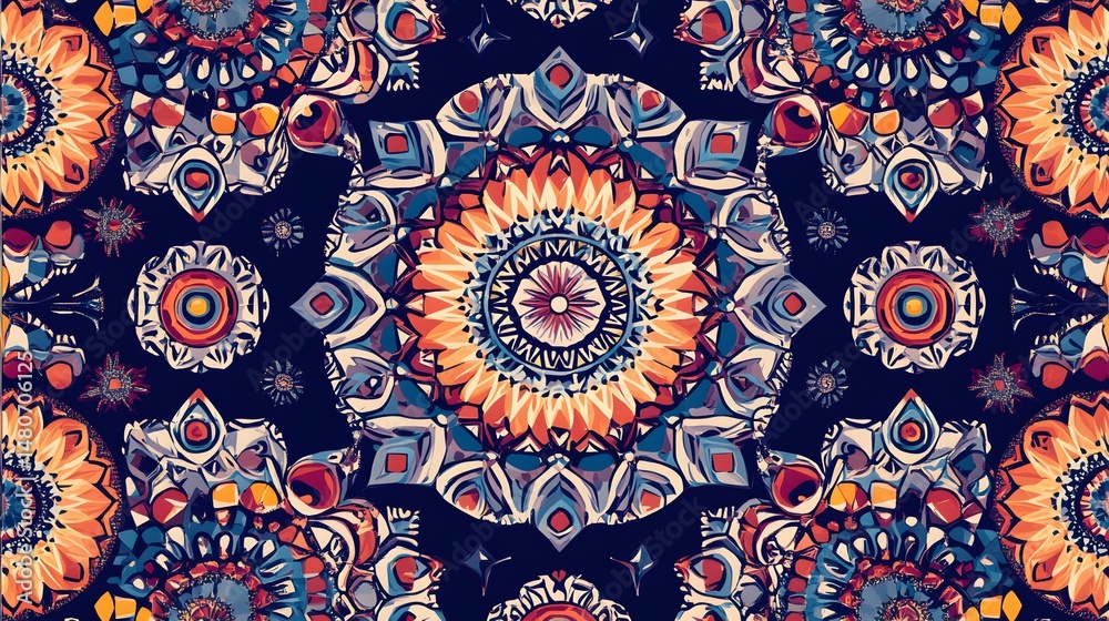 Naklejka premium Intricate, colorful, symmetrical pattern design, showcasing a complex, repeating motif.