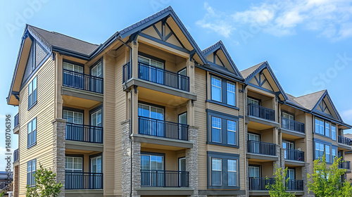 Tan multi-story building with balconies, gabled roofs and stone accents under a bright blue sky