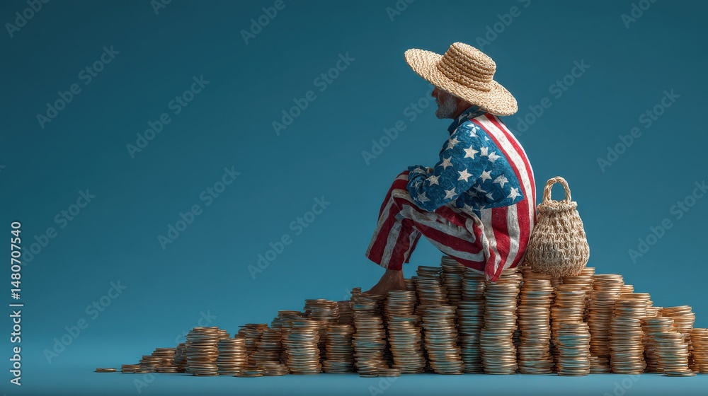Fototapeta premium Contemplation of Wealth: A figure draped in patriotic attire sits atop a mountain of coins, lost in introspection, alongside a woven bag. This thought-provoking image evokes themes of wealth.