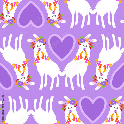 Cute llamas with flower wreaths with hearts on purple background