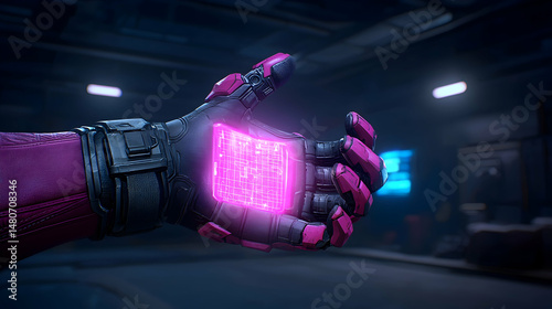 Robotic Hand with Glowing Pink Interface in Dark Futuristic Setting