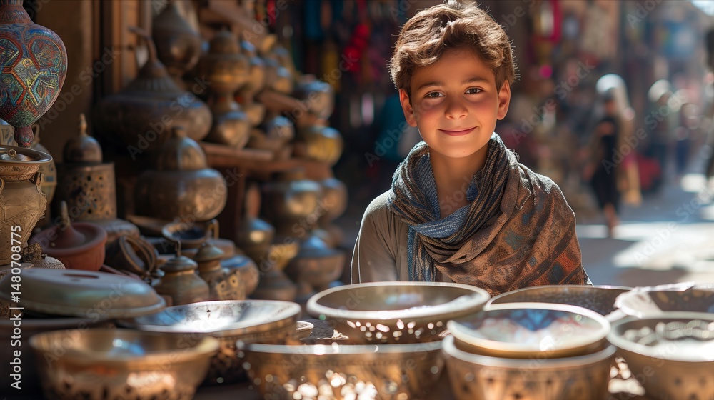 A cheerful boy poses proudly among handcrafted pottery in a vibrant marketplace. Natural light enhances the scene. A cheerful boy poses proudly among handcrafted pottery in a vibrant marketplace. Natural light enhances the scene.