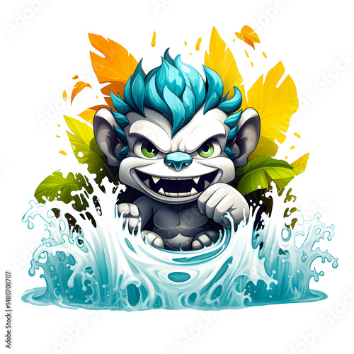 Cute cartoon water monster splashing playfully with vibrant colors. Fun fantasy creature design for kids’ themes, games, toys, and tshirt design