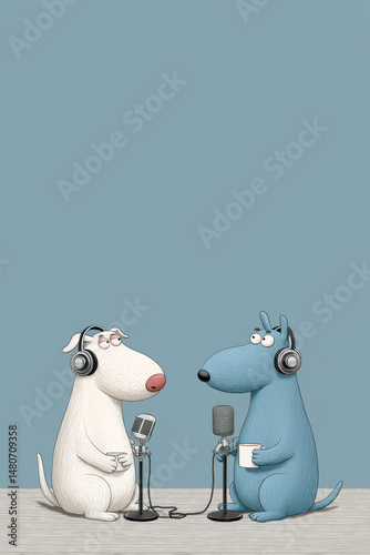 Cartoon dogs podcasting with headphones and microphones in a minimalist studio setting against a blue background
