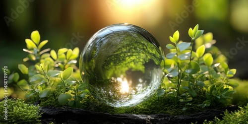 Glass globe encircled by verdant forest flora, symbolizing nature, environment, sustainability, ESG, and climate change awareness 