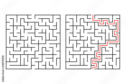 Square maze, a simple logic game with labyrinths with Included Solution. Maze coloring page