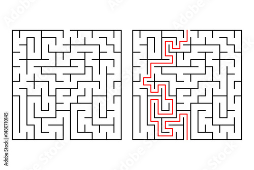 Square maze, a simple logic game with labyrinths with Included Solution. Maze coloring page