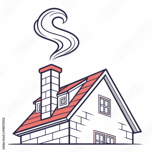 Vector cozy house illustration with smoke from chimney, black outline, ideal for real estate, home decor, and lifestyle branding