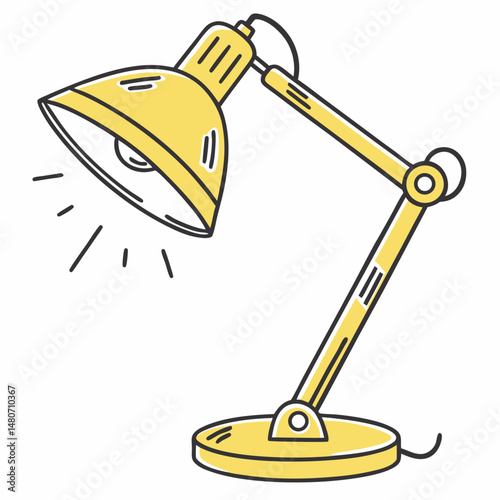 Vector desk lamp illustration in yellow, black outline, ideal for home decor, office design, and educational materials