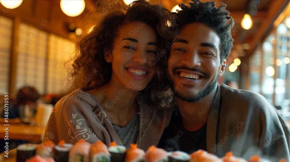 Obraz premium A happy couple enjoying sushi at a cozy restaurant, embodying joy and culinary delight.