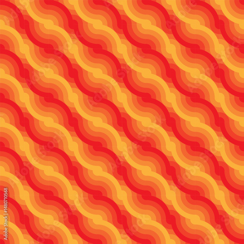 Diagonal wave pattern consisting of curved lines with red and orange color gradations. It has a retro feel and gives a soft visual effect.