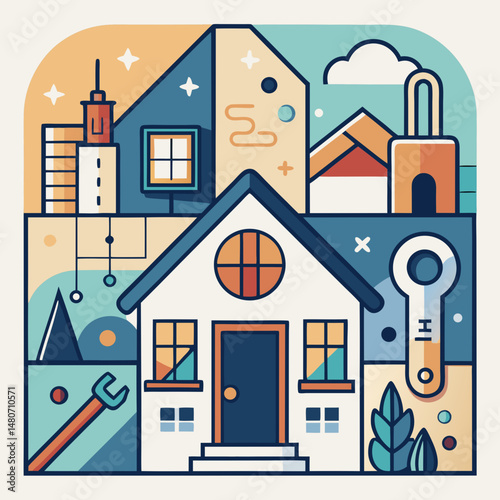 Vector modern house illustration with key and tools, vibrant colors, ideal for real estate, home design, and lifestyle branding