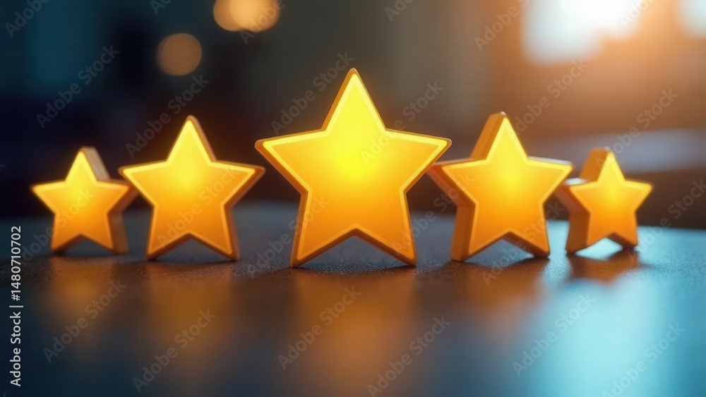 Fototapeta premium Gold five star rating feedback on virtual sreen. Customer review satisfaction feedback.Concept of satisfaction, quality and performance..