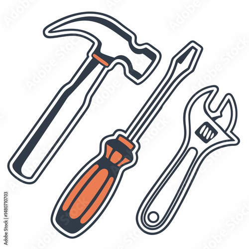 Vector tool set illustration featuring hammer, screwdriver, and wrench, ideal for DIY, construction, and repair projects