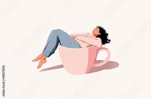 Minimalistic artwork depicting a relaxed individual lying inside a large teacup. The scene symbolizes tranquility, comfort, and the joy of simple moments, imaginative and symbolic art style.