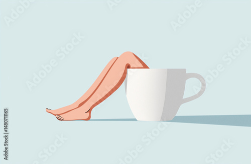 Minimalistic artwork depicting a relaxed individual lying inside a large teacup. The scene symbolizes tranquility, comfort, and the joy of simple moments, imaginative and symbolic art style.