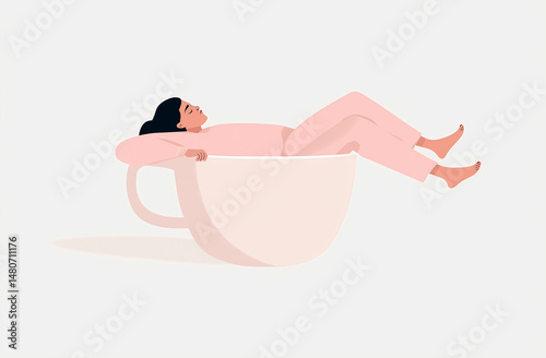 Minimalistic artwork depicting a relaxed individual lying inside a large teacup. The scene symbolizes tranquility, comfort, and the joy of simple moments, imaginative and symbolic art style.