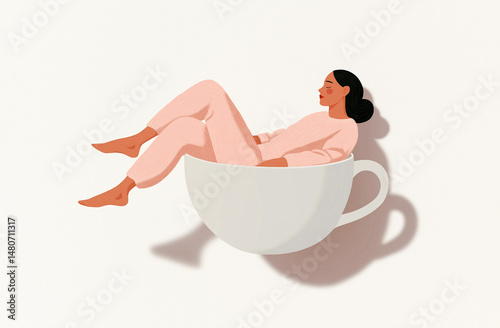 Minimalistic artwork depicting a relaxed individual lying inside a large teacup. The scene symbolizes tranquility, comfort, and the joy of simple moments, imaginative and symbolic art style.