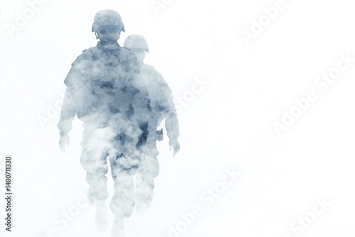 A creative military-themed artwork depicting a uniformed soldier in motion, using dynamic double-exposure techniques, symbolizing dedication, resilience, and vigilance in strikingly abstract tones.