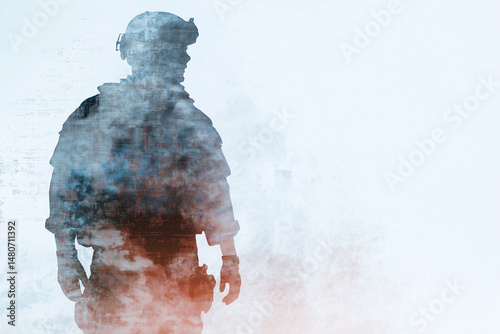 A creative military-themed artwork depicting a uniformed soldier in motion, using dynamic double-exposure techniques, symbolizing dedication, resilience, and vigilance in strikingly abstract tones.