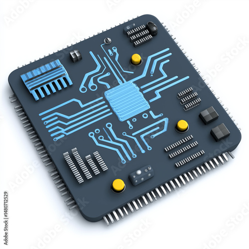 Embedded system firmware robotics. Microcontroller automation. 3D clip art. Autonomous robot firmware board with diagnostics features.