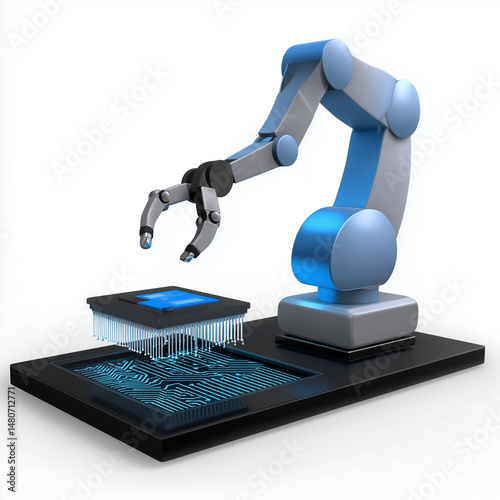 Embedded system firmware robotics. Microcontroller automation. 3D clip art. Embedded system firmware for robotic task execution in robotics.