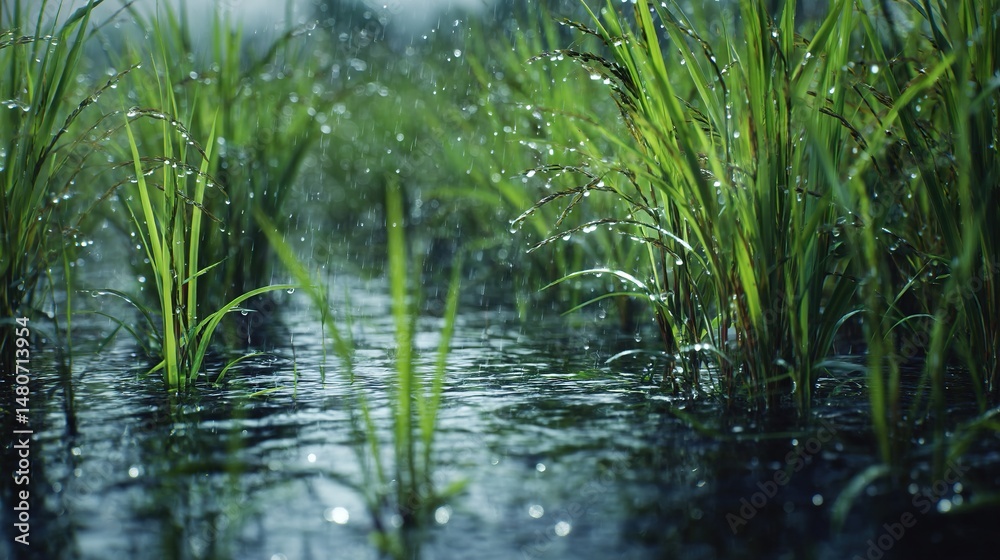 Fototapeta premium Rain-soaked rice plants in a field, water droplets cling to the vibrant greenery.