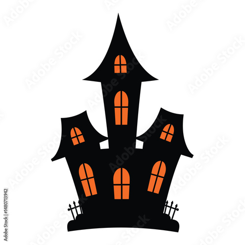 A black silhouette of a spooky, cartoonish haunted house with multiple orange glowing windows is shown against a white background, with a small fence at the bottom.