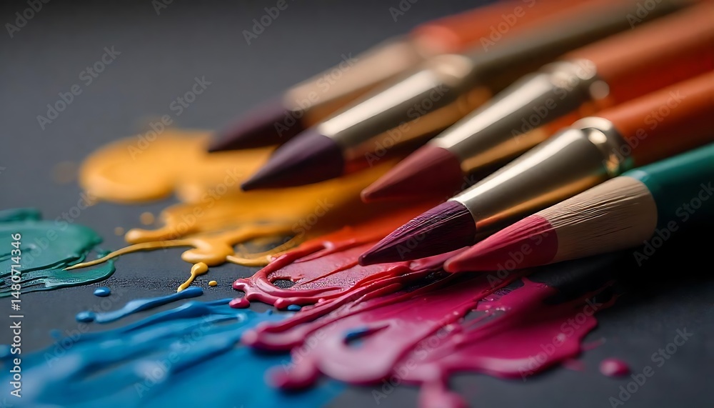 Obraz premium Closeup of Colorful Paintbrushes with Paint on a Dark Surface created with generative ai