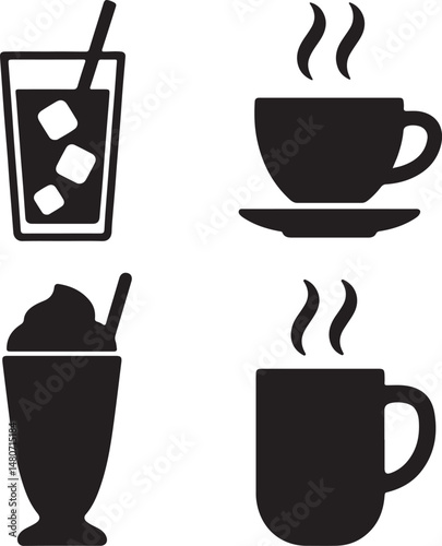 Cold and Hot Coffee Drinks Silhouette Set Beverage Vector Illustration.