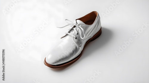 A single, pristine white leather dress shoe is captured against a clean white backdrop.