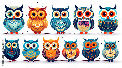 Wallpaper Mural Set of Funny Ornate Owls with Circles Isolated on Background Torontodigital.ca