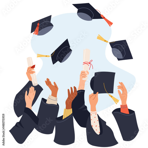 Hands in academic gowns holding diploma, throwing up graduation caps Happy moments of celebration finishing college Symbol of success, achievement Vector design for education themed invitation, banner