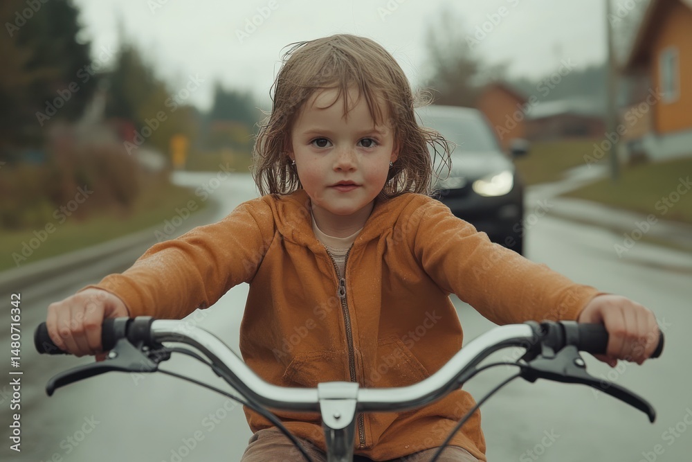 Obraz premium A young girl learning how to ride a bicycle, with training wheels and a look of determination